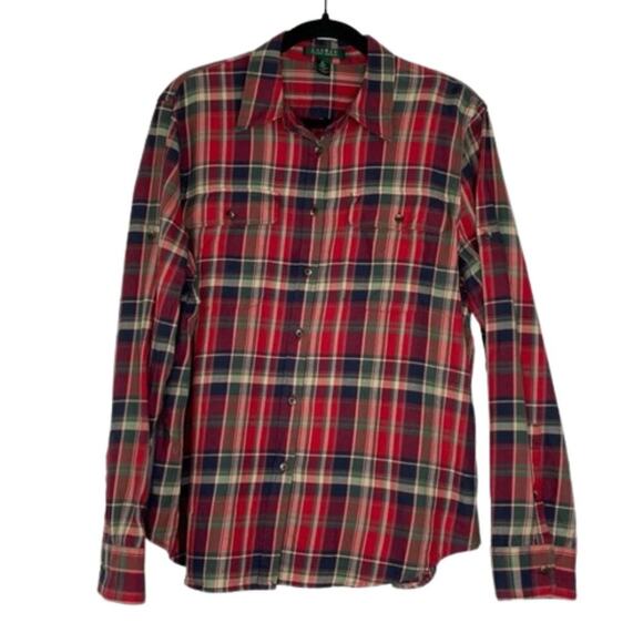 Lauren Ralph Lauren red green beige button down long sleeve XL 100% cotton - Picture 1 of 6
